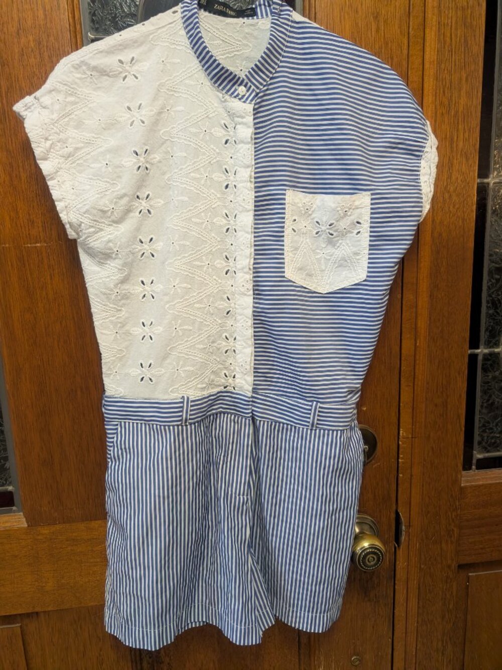Womens blue-and-white romper, size Small